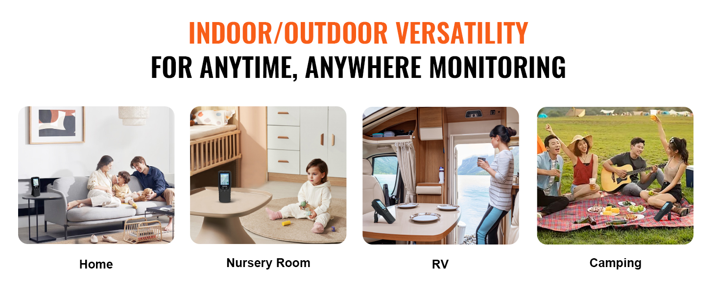 VEVOR air quality monitor displaying indoor/outdoor versatility for home, nursery, rv, and camping.