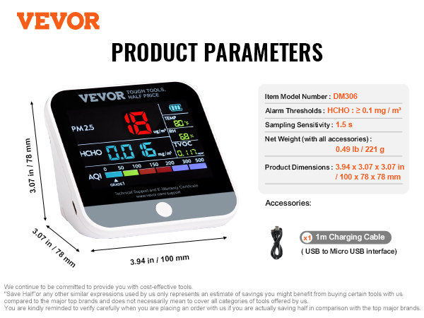 VEVOR air quality monitor dm306, 3.94x3.07x3.07in, with 1m usb charging cable, displays pm2.5, hcho, tvoc, and aqi.