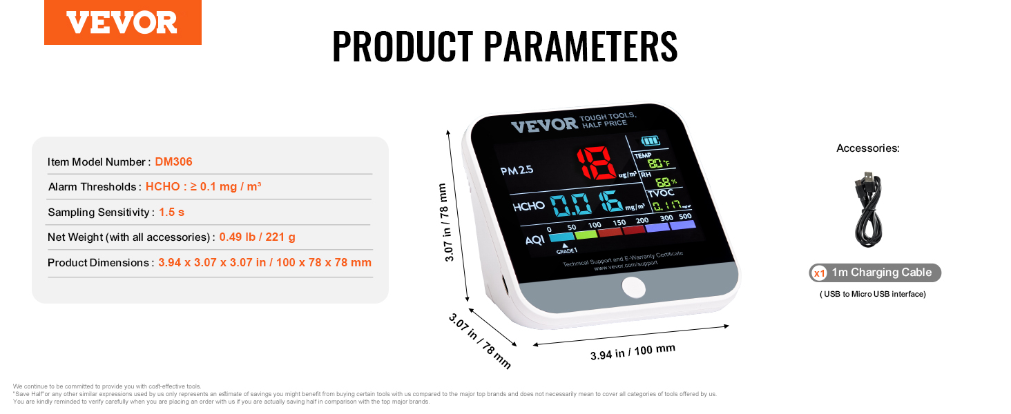 VEVOR air quality monitor dm306, 3.94x3.07x3.07in, with 1m usb charging cable, displays pm2.5, hcho, tvoc, and aqi.