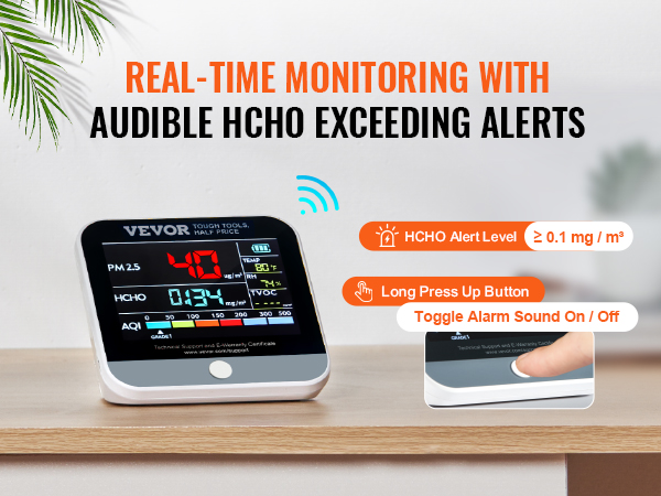 VEVOR air quality monitor displaying hcho alert, aqi, pm2.5, temperature, humidity, and tvoc on a desk.