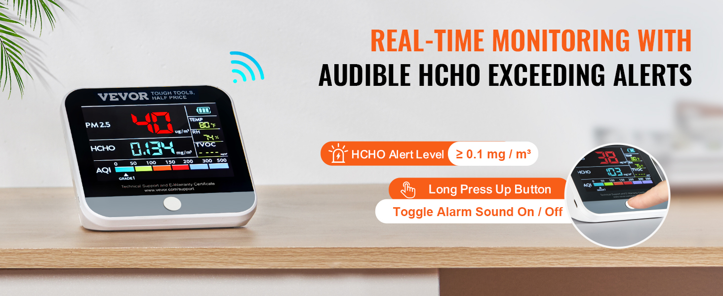 VEVOR air quality monitor displaying hcho alert, aqi, pm2.5, temperature, humidity, and tvoc on a desk.