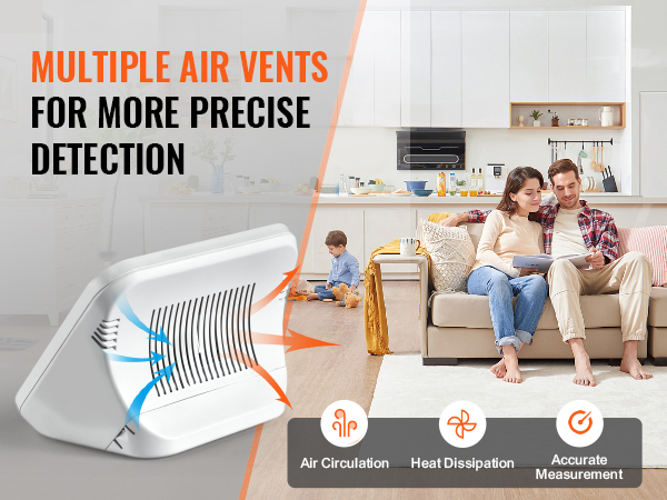 VEVOR air quality monitor showcasing air vents, air circulation, heat dissipation, accurate measurement indicators.