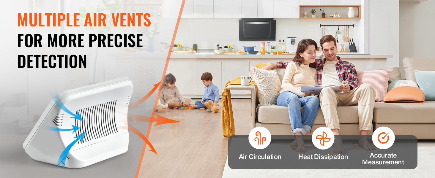 VEVOR air quality monitor showcasing air vents, air circulation, heat dissipation, accurate measurement indicators.