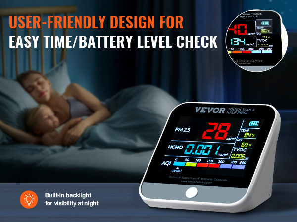 VEVOR air quality monitor displaying real-time pm2.5, temperature, and hcho levels, ideal for bedroom use.