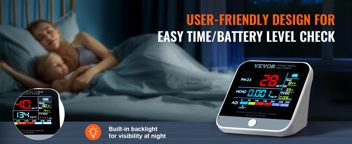 VEVOR air quality monitor displaying real-time pm2.5, temperature, and hcho levels, ideal for bedroom use.