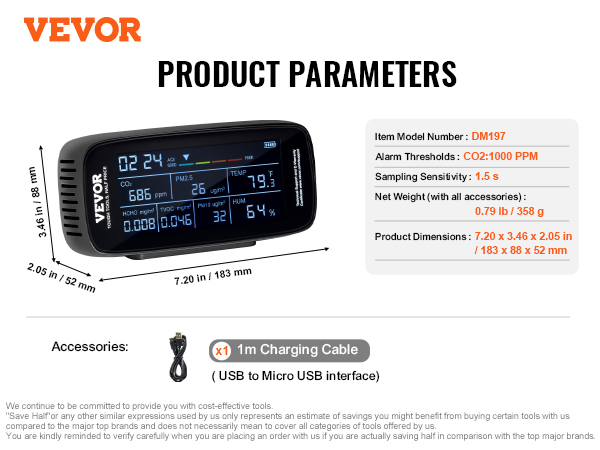 VEVOR air quality monitor with display, dimensions, and included 1m charging cable.