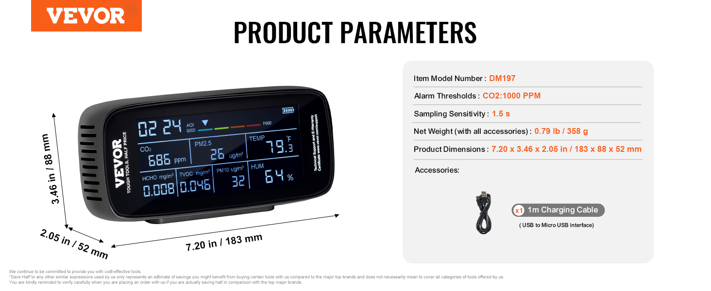 VEVOR air quality monitor with display, dimensions, and included 1m charging cable.