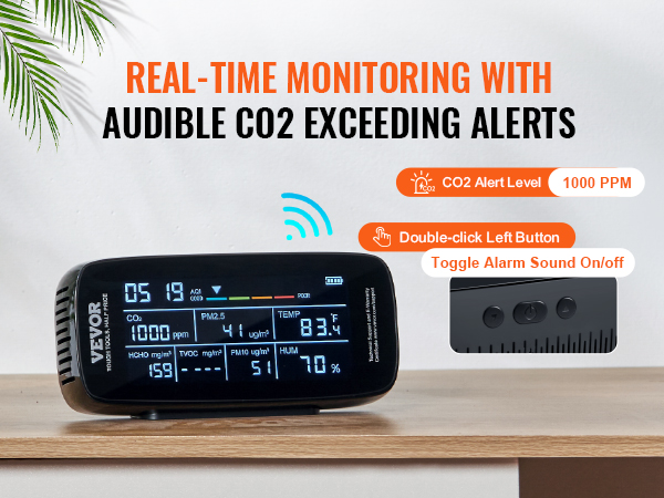 VEVOR air quality monitor displaying co2 levels, temperature, and alerts on a wooden surface.