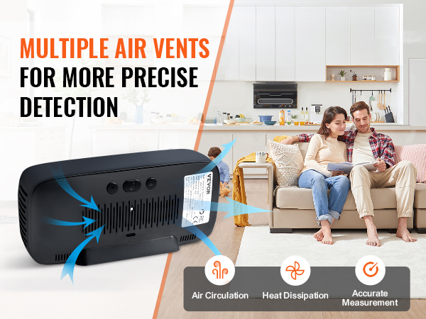 VEVOR air quality monitor in a living room with multiple air vents and accurate measurement icons.