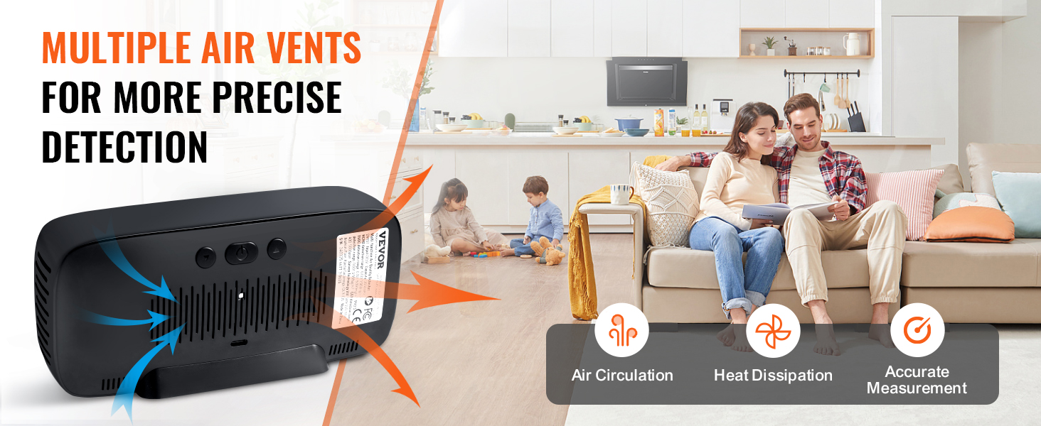 VEVOR air quality monitor in a living room with multiple air vents and accurate measurement icons.