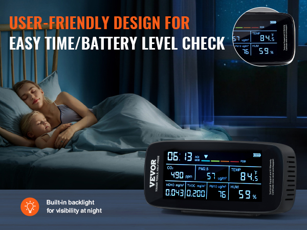 VEVOR air quality monitor with backlight for easy time and battery level check at night.