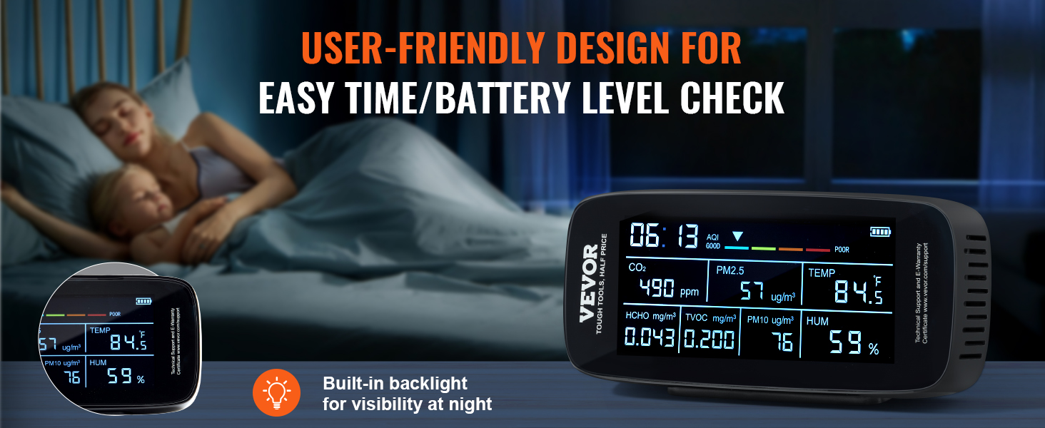 VEVOR air quality monitor with backlight for easy time and battery level check at night.