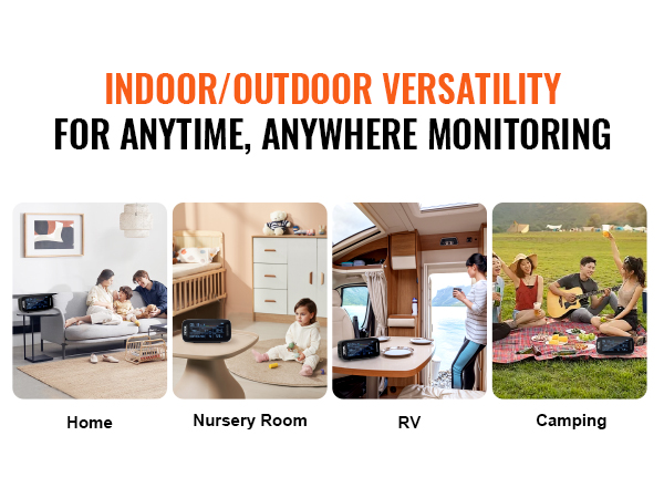 VEVOR air quality monitor used in home, nursery, rv, and camping settings for versatile monitoring.