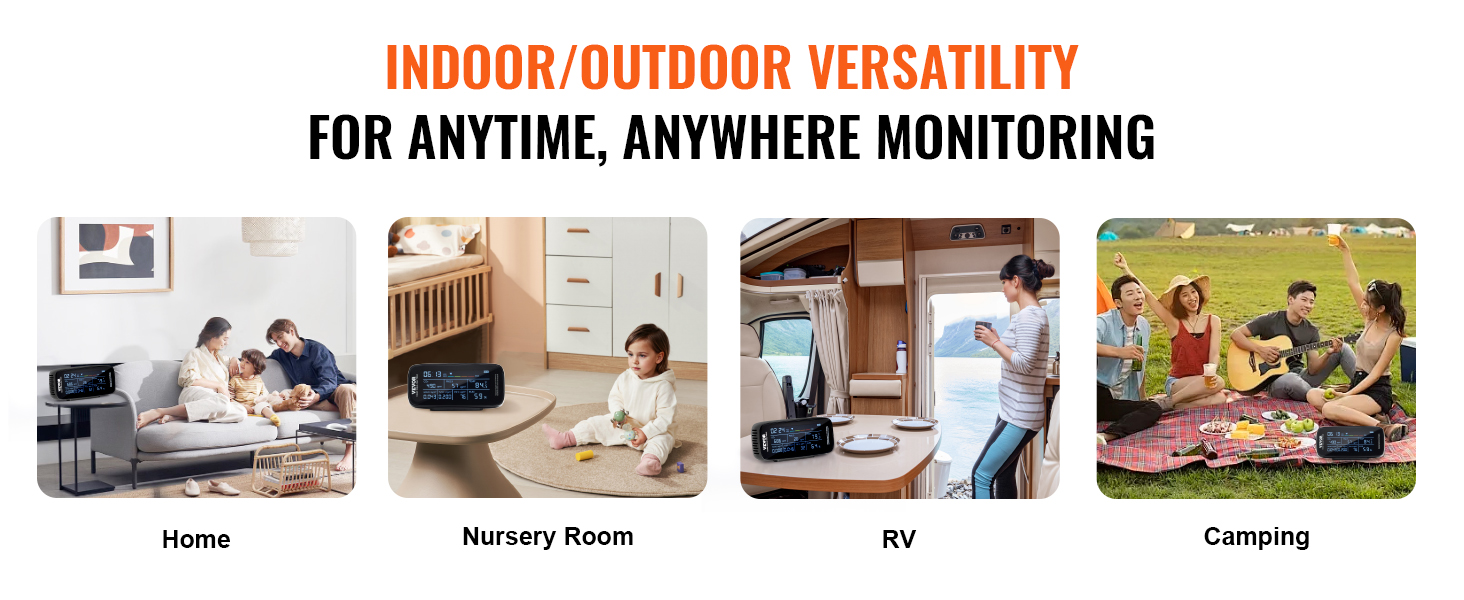 VEVOR air quality monitor used in home, nursery, rv, and camping settings for versatile monitoring.