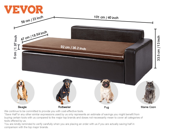 VEVOR dog couch, black leather, wood frame, 110 lbs capacity, 36.2" x 18.54", with dog and cat illustrations.
