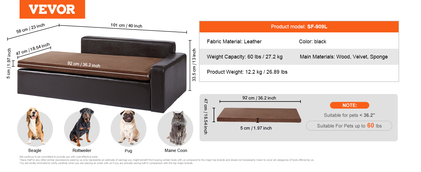 VEVOR dog couch, black leather, wood frame, 110 lbs capacity, 36.2" x 18.54", with dog and cat illustrations.