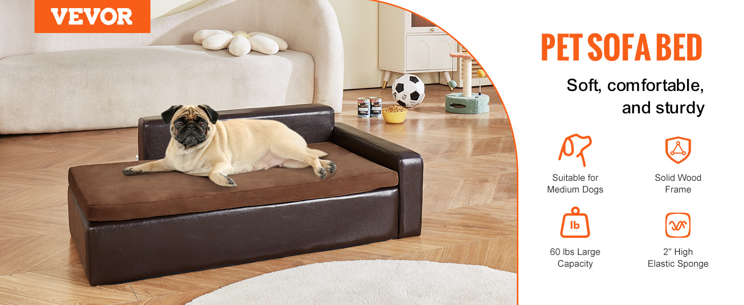 VEVOR dog couch with a large dog relaxing on a brown and black pet sofa bed in a cozy living room.