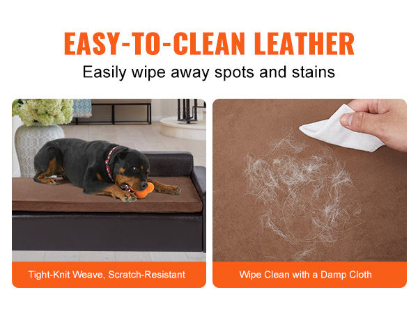 VEVOR dog couch: easy-to-clean leather, tight-knit weave, scratch-resistant, wipe clean with a damp cloth.