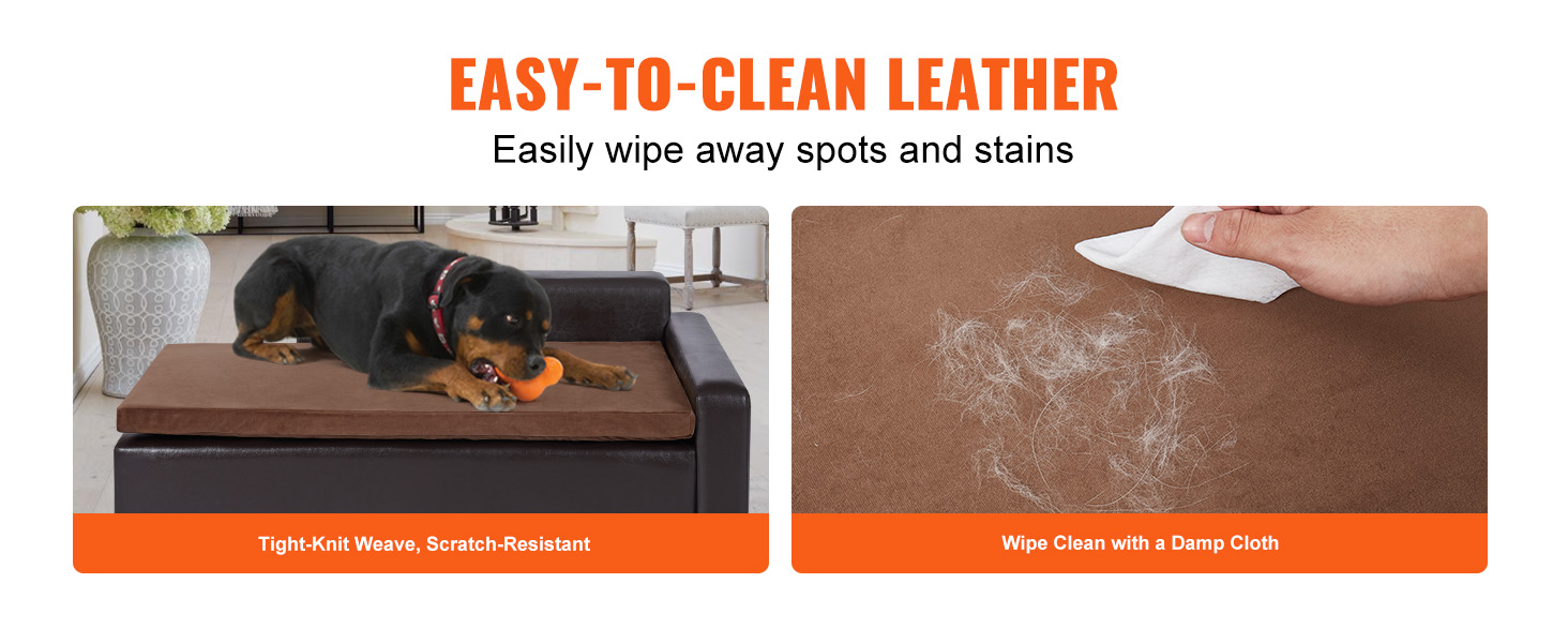 VEVOR dog couch: easy-to-clean leather, tight-knit weave, scratch-resistant, wipe clean with a damp cloth.