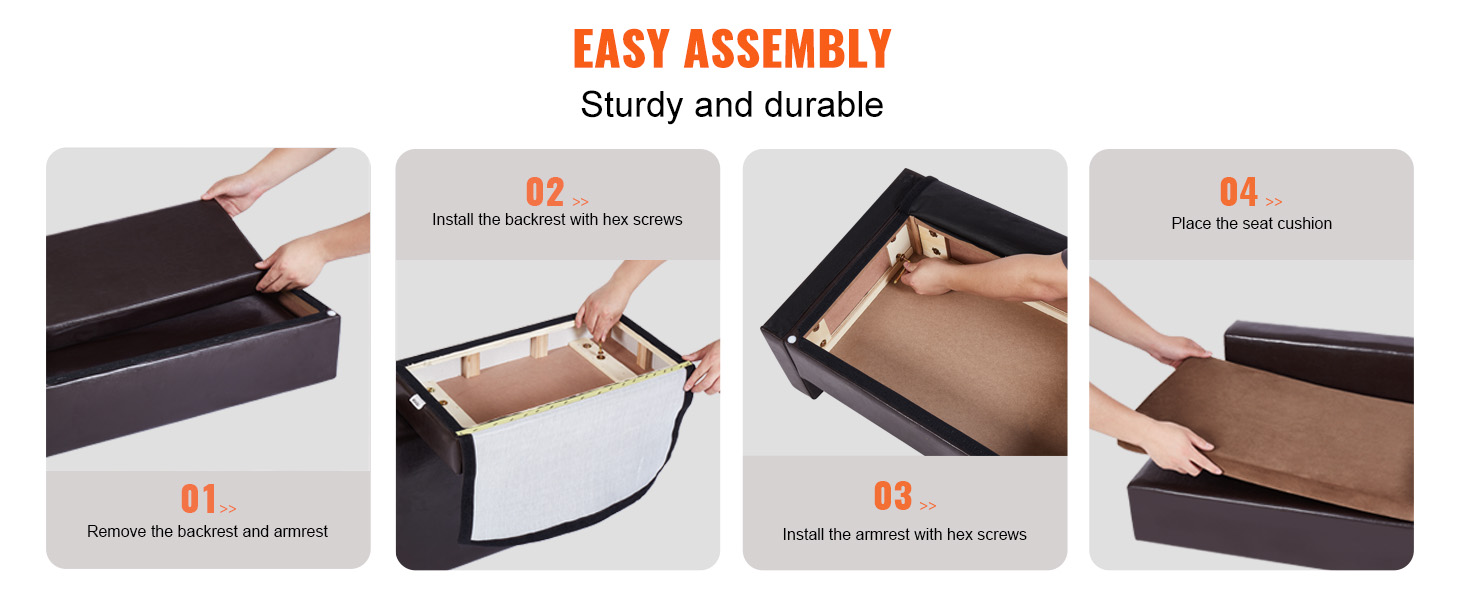 easy assembly of VEVOR dog couch showing installing backrest, armrest, and placing seat cushion.