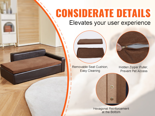 VEVOR dog couch with removable cushion, hexagonal reinforcement, and hidden zipper puller.