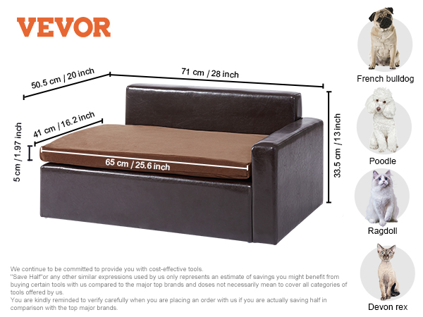 VEVOR pet sofa, black leather, 25.6"x16.2", suitable for pets up to 110 lbs, wooden and velvet materials.