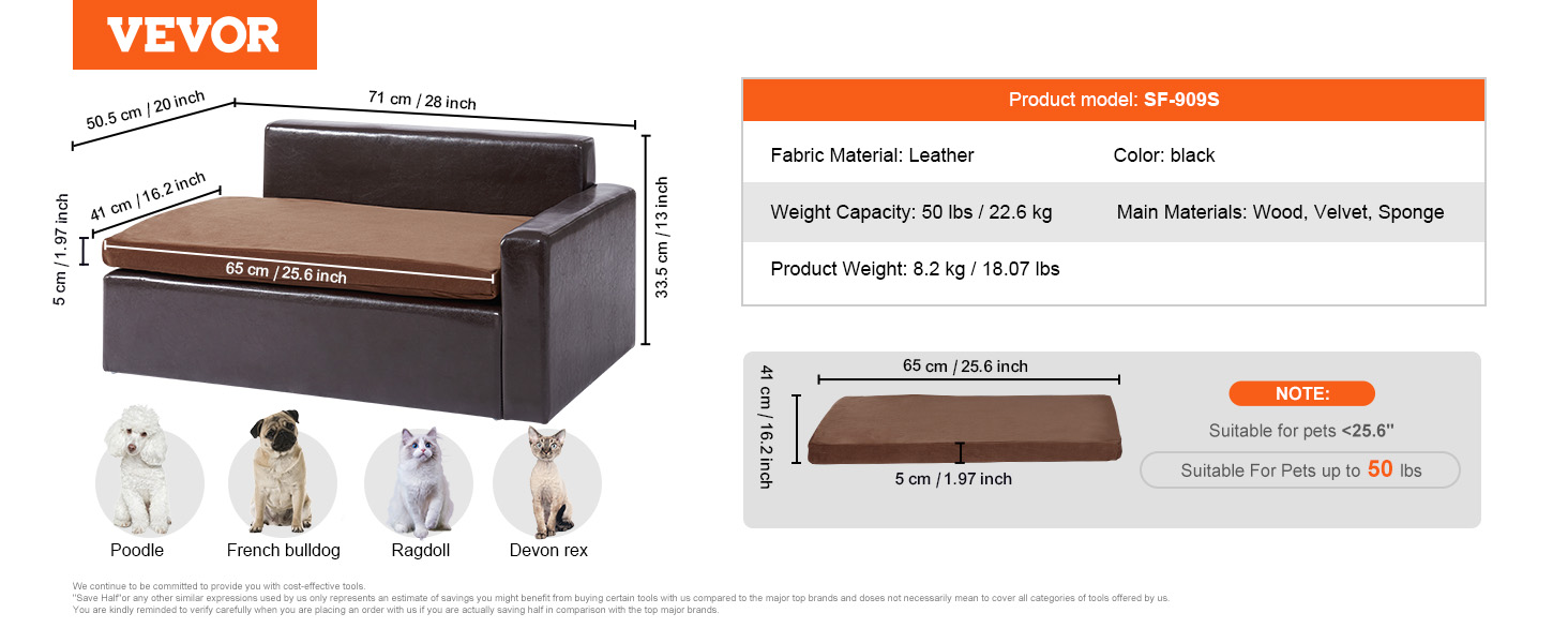 VEVOR pet sofa, black leather, 25.6"x16.2", suitable for pets up to 110 lbs, wooden and velvet materials.