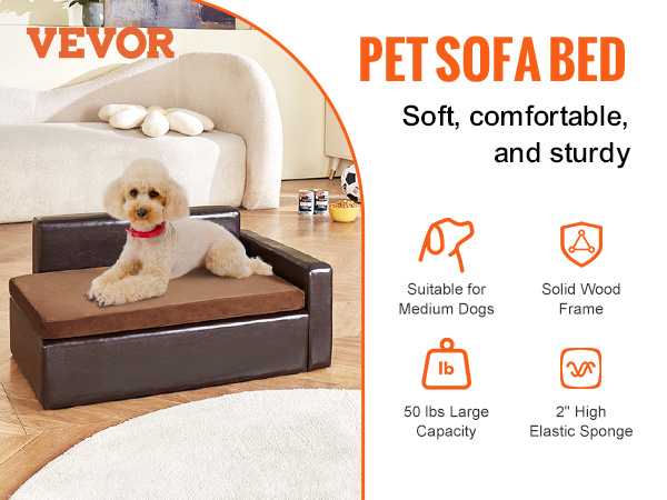 VEVOR pet sofa bed with a poodle, showcasing comfort, brown cushion, and sturdy design on wooden floor.