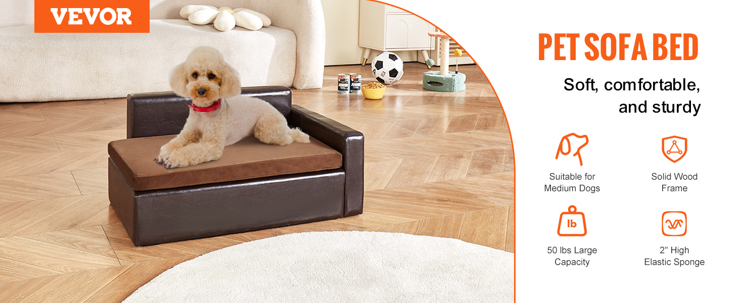 VEVOR pet sofa bed with a poodle, showcasing comfort, brown cushion, and sturdy design on wooden floor.
