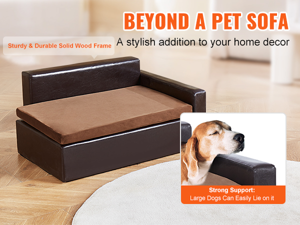 VEVOR pet sofa: sturdy wood frame, sleek design, comfy cushion, ideal for large dogs and stylish decor.