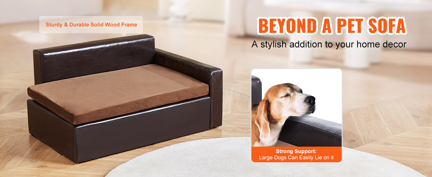 VEVOR pet sofa: sturdy wood frame, sleek design, comfy cushion, ideal for large dogs and stylish decor.