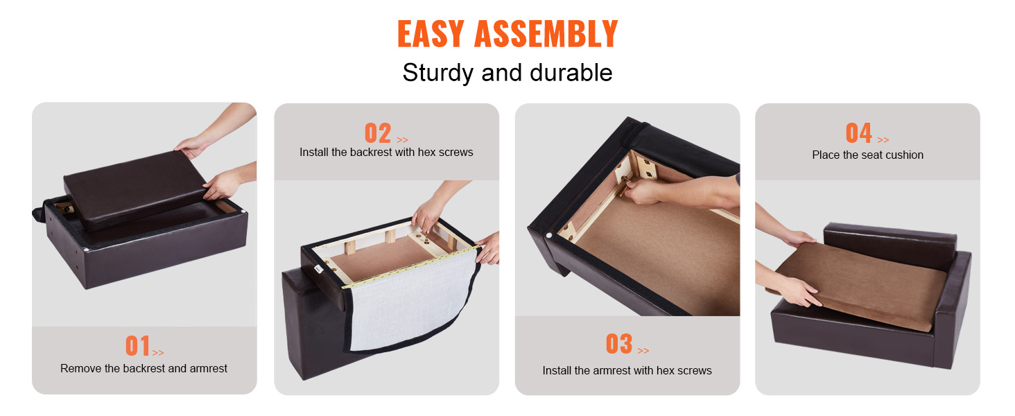 easy assembly guide for the VEVOR pet sofa, showing step-by-step instructions and hands-on installation.