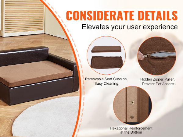 VEVOR pet sofa with removable seat cushion, hexagonal reinforcement, and hidden zipper puller.