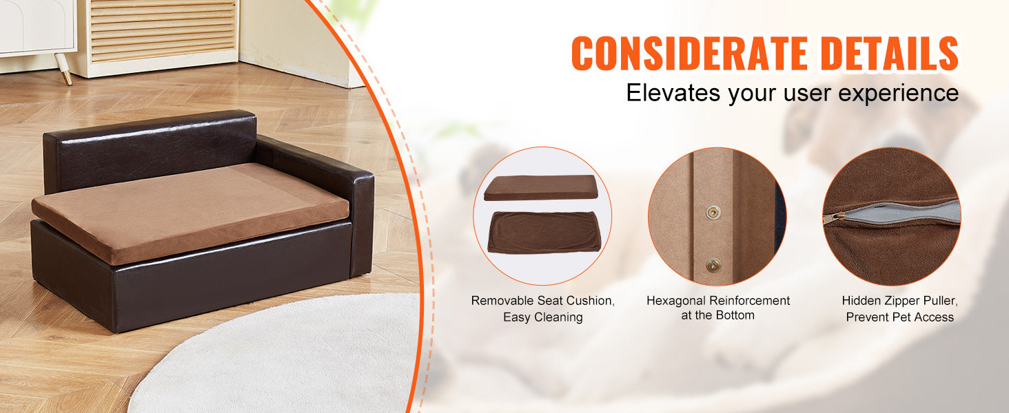VEVOR pet sofa with removable seat cushion, hexagonal reinforcement, and hidden zipper puller.