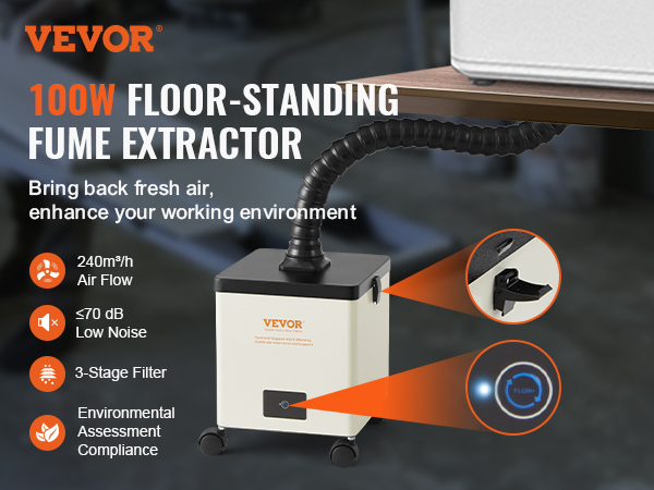 VEVOR solder fume extractor, 100w, 240m³/h air flow, ≤70 db, rolling base, flexible hose.