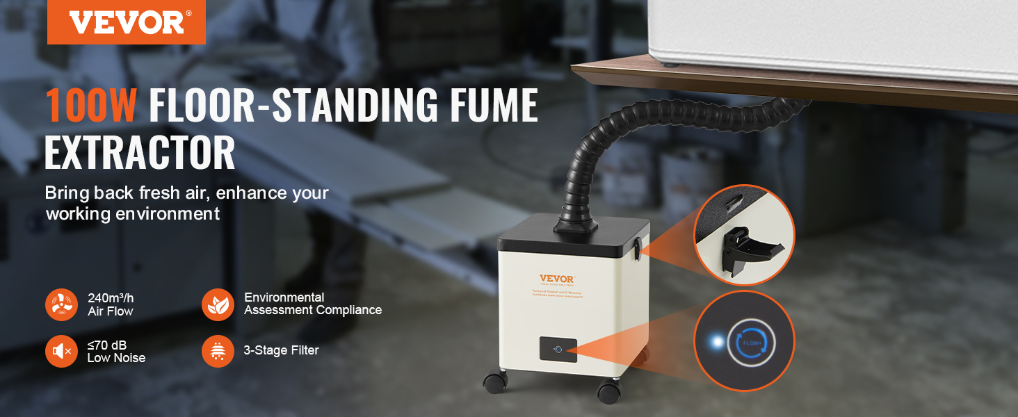 VEVOR solder fume extractor, 100w, 240m³/h air flow, ≤70 db, rolling base, flexible hose.