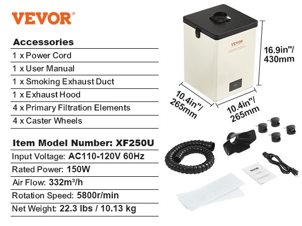VEVOR solder fume extractor xf250u with accessories including exhaust hose, hood, and filtration elements.