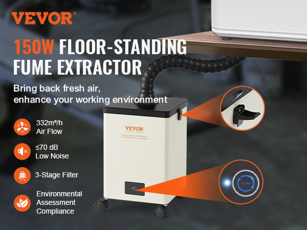 VEVOR solder fume extractor with 150w power, 332m³/h airflow, low noise, and 3-stage filter.