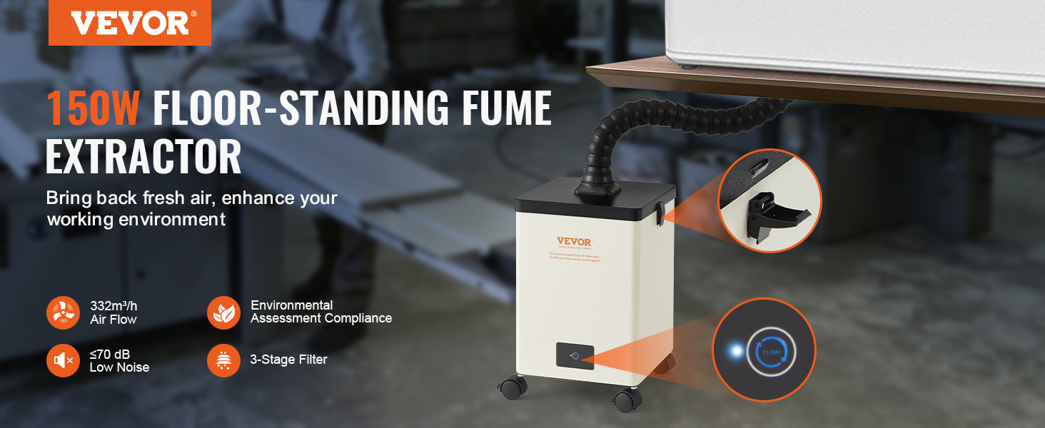 VEVOR solder fume extractor with 150w power, 332m³/h airflow, low noise, and 3-stage filter.