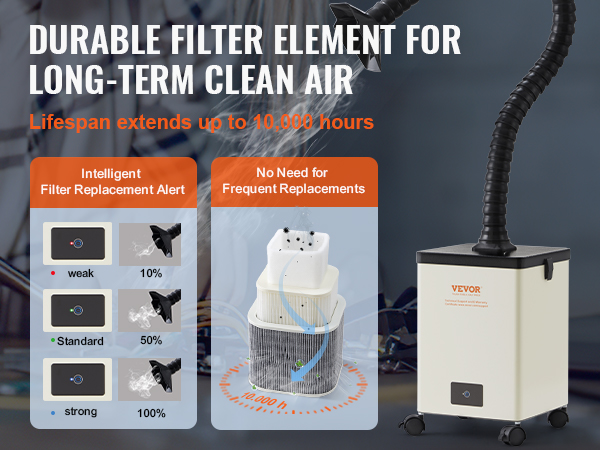 VEVOR solder fume extractor with intelligent filter alert, 10,000-hour lifespan, and clean air technology.