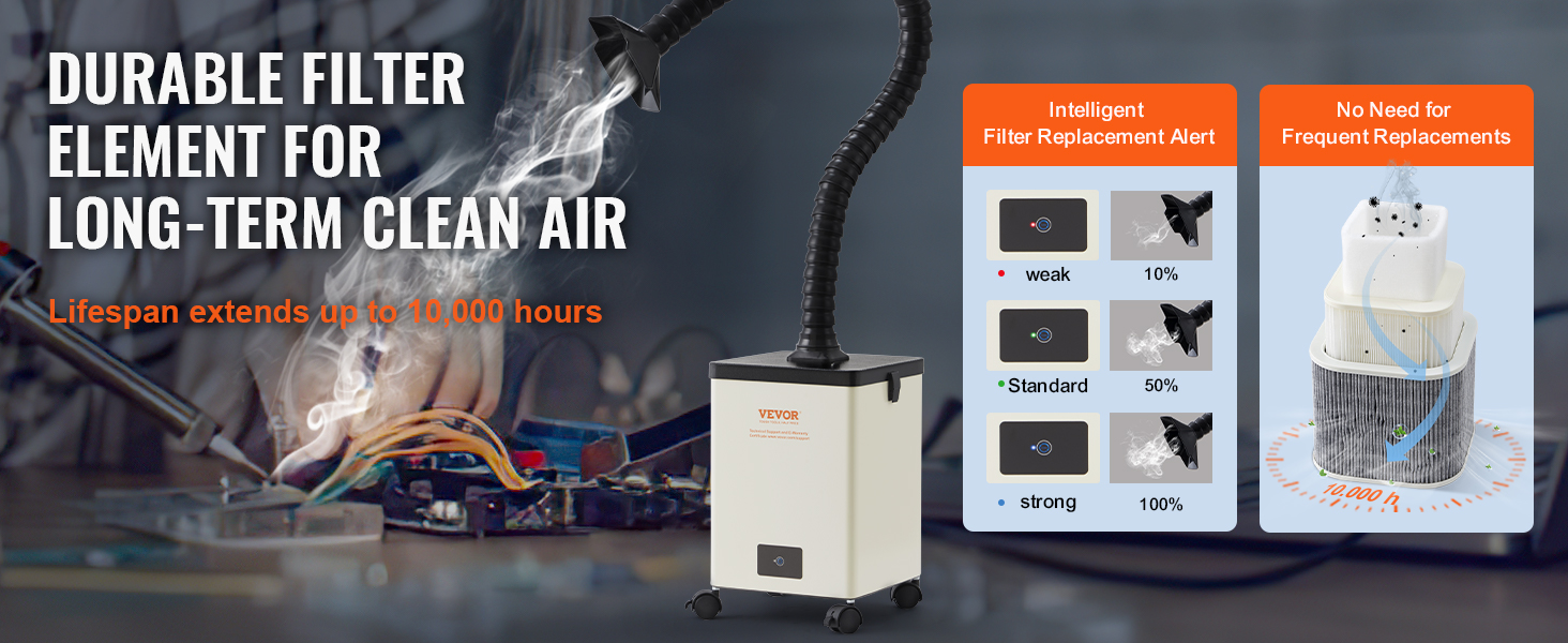 VEVOR solder fume extractor with intelligent filter alert, 10,000-hour lifespan, and clean air technology.