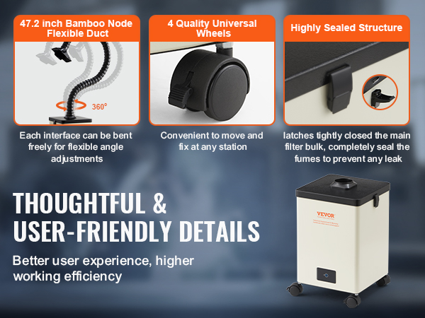 VEVOR solder fume extractor with 47.2-inch flexible duct, universal wheels, and highly sealed structure.