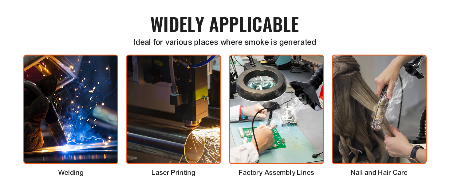 VEVOR solder fume extractor used in welding, laser printing, factory assembly lines, nail and hair care.