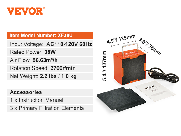 VEVOR solder fume extractor 38w, 2700r/min, dimensions 4.9x3.0x5.4 in, includes manual, filters.