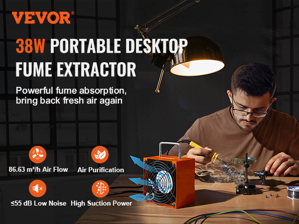 VEVOR solder fume extractor, 38w portable desktop unit with high suction power, air purification, and low noise.
