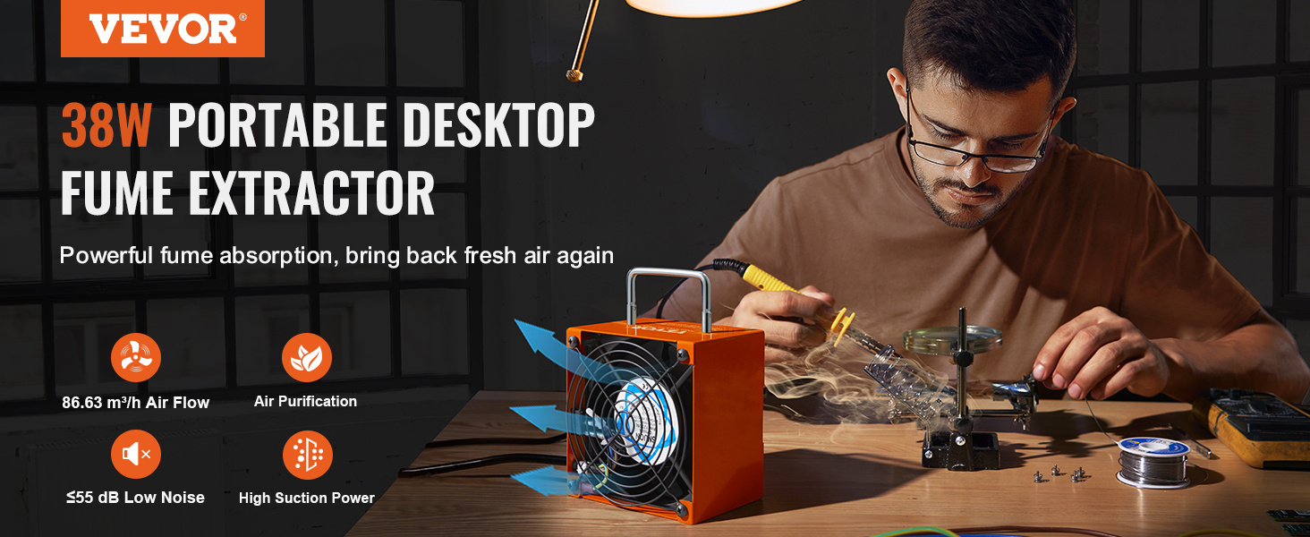 VEVOR solder fume extractor, 38w portable desktop unit with high suction power, air purification, and low noise.