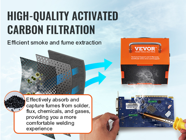 VEVOR solder fume extractor efficiently capturing fumes with activated carbon filtration during soldering.