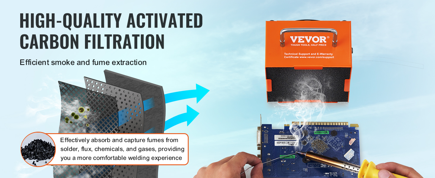 VEVOR solder fume extractor efficiently capturing fumes with activated carbon filtration during soldering.