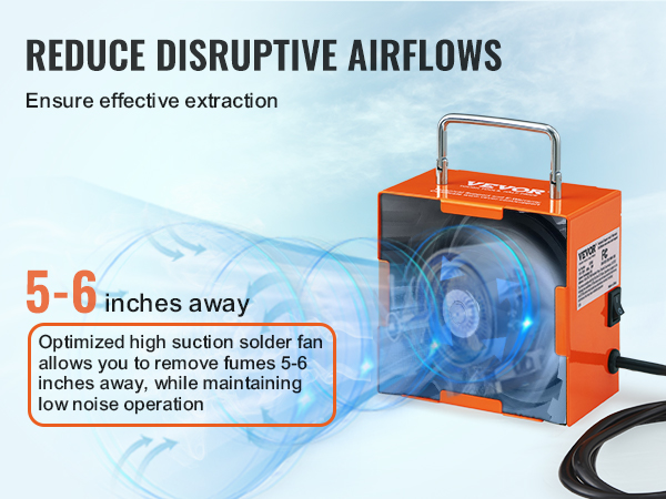 VEVOR solder fume extractor reduces disruptive airflows, ensures effective extraction, 5-6 inches away.