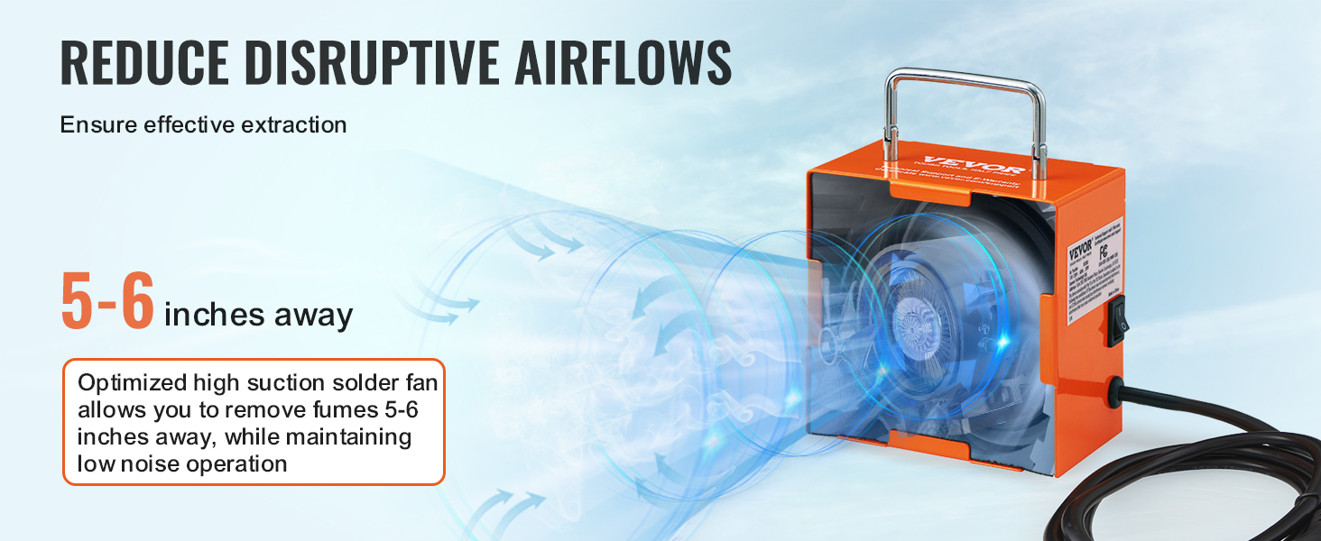 VEVOR solder fume extractor reduces disruptive airflows, ensures effective extraction, 5-6 inches away.